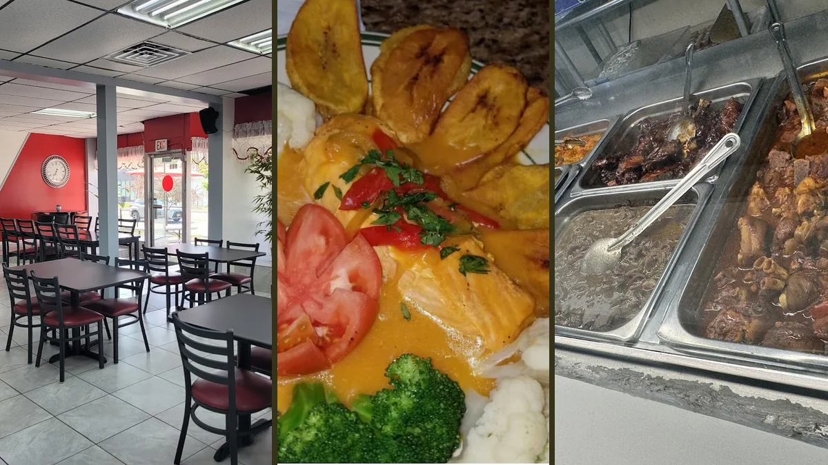Colorful Caribbean lunch plates behind the counter.