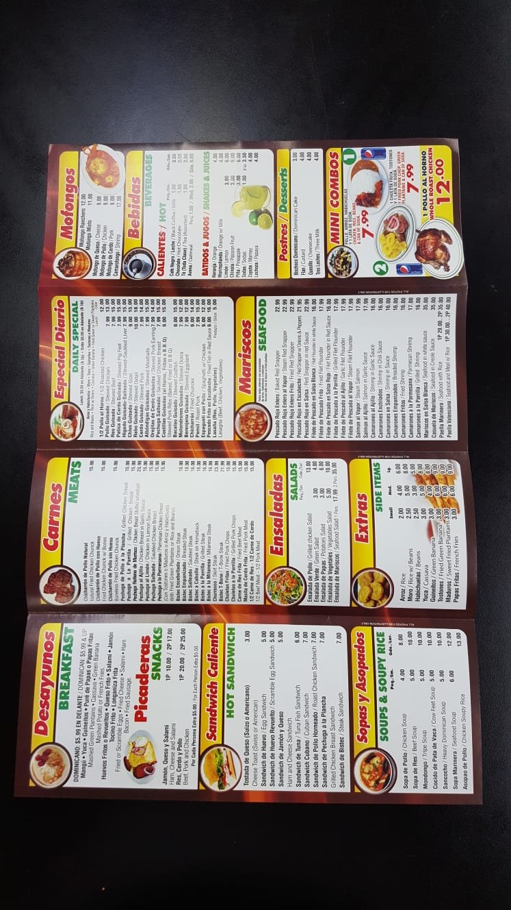 Menu board listing chicken, pork, and drinks.
